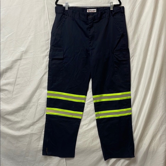 Men’s High Visibility Navy & Yellow Cargo Pants w/ Reflective Stripes, 38x32 - Picture 1 of 11